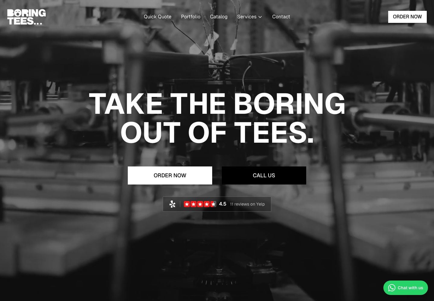 Boring Tees homepage with a black-and-white production hero and order and call actions